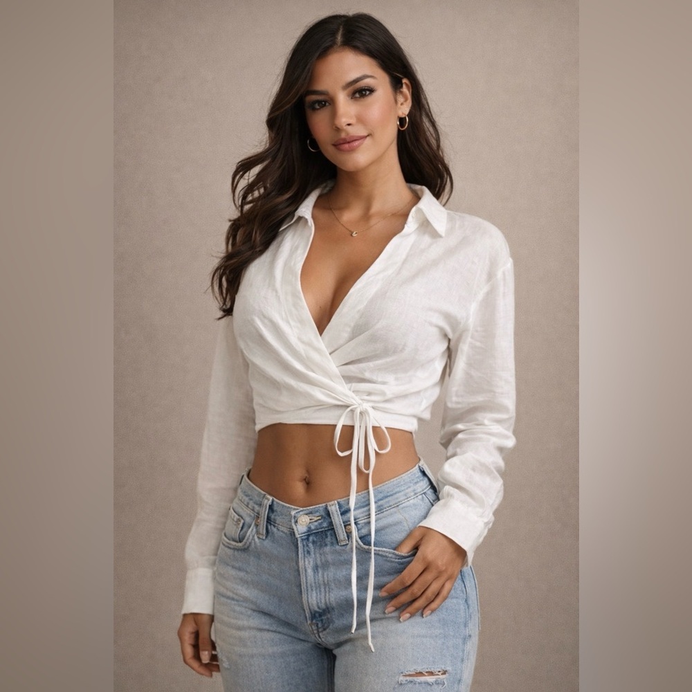 The Fifth Label XL White Linen Wrap Blouse Top Long Sleeve NEW